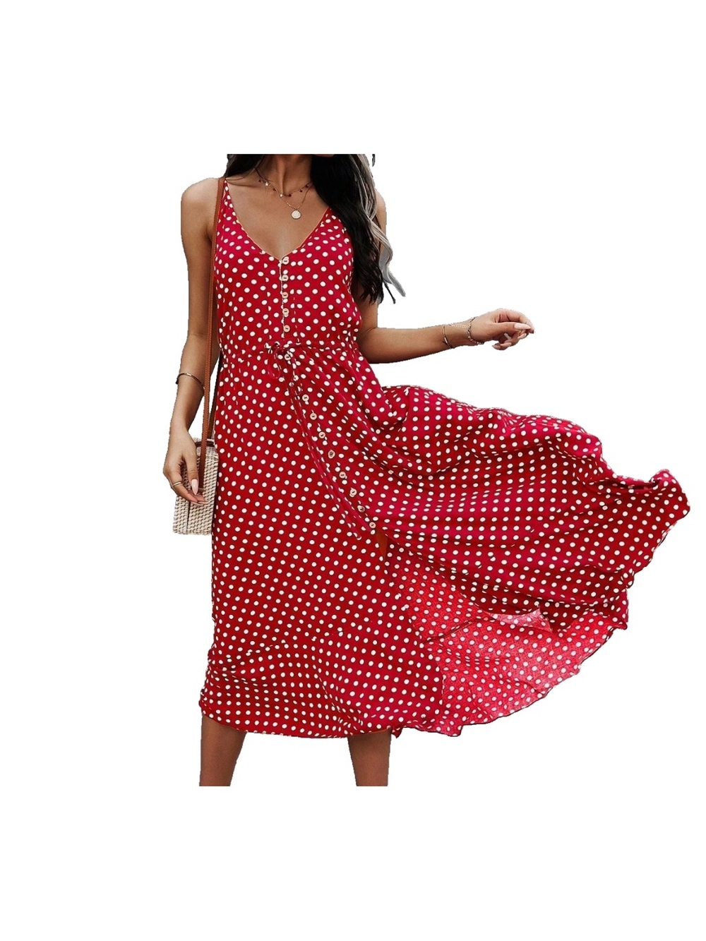 Red Polka Dot Midi Dress Lightweight Flowy Boho Spaghetti Strap XL